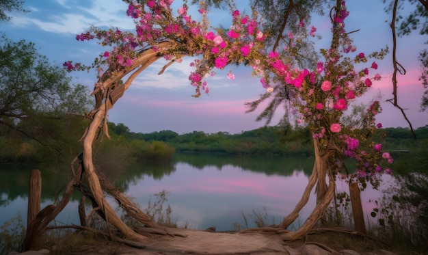 Un lago con un albero e fiori