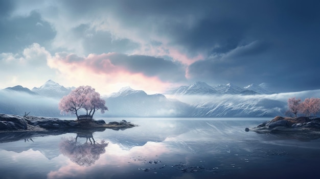 Un lago con un albero e montagne sullo sfondo