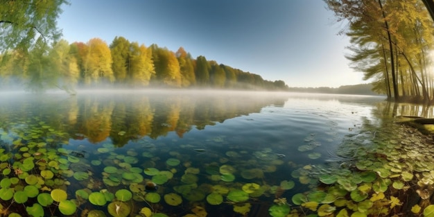 Un lago con un albero in primo piano e un albero sullo sfondo