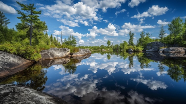 Un lago con un cielo blu e nuvole