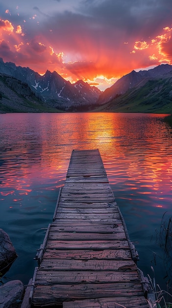 un lago con un molo di legno e un molo in acqua con un tramonto sullo sfondo