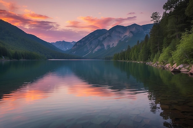 Un lago con un tramonto sullo sfondo