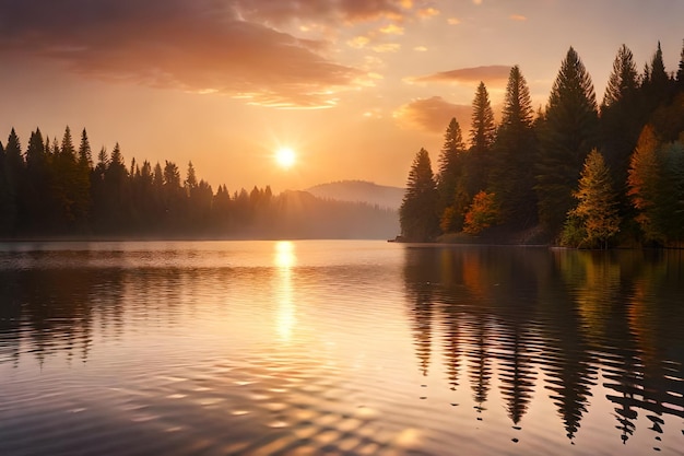 Un lago con un tramonto sullo sfondo