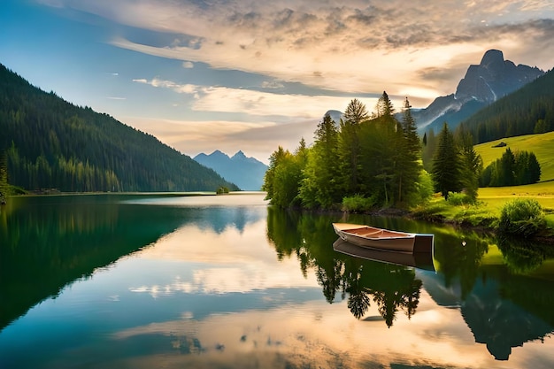 Un lago con una barca e montagne sullo sfondo