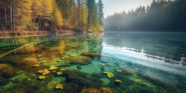 Un lago con una foresta sullo sfondo