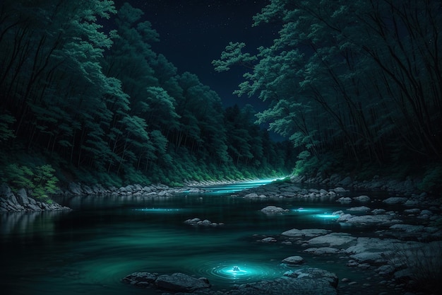 Un lago con una lanterna in mezzo alla foresta