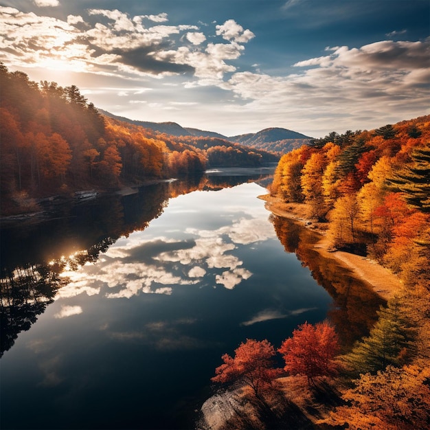 un lago con una montagna e alberi con un cielo con nuvole