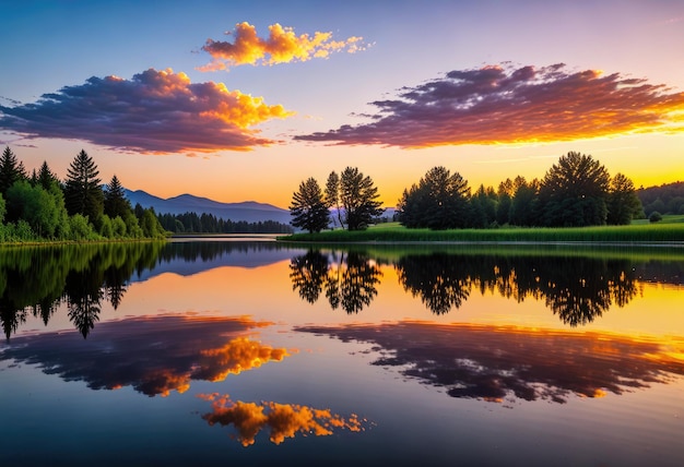 un lago con una montagna e alberi sullo sfondo e un tramonto sullo sfondo