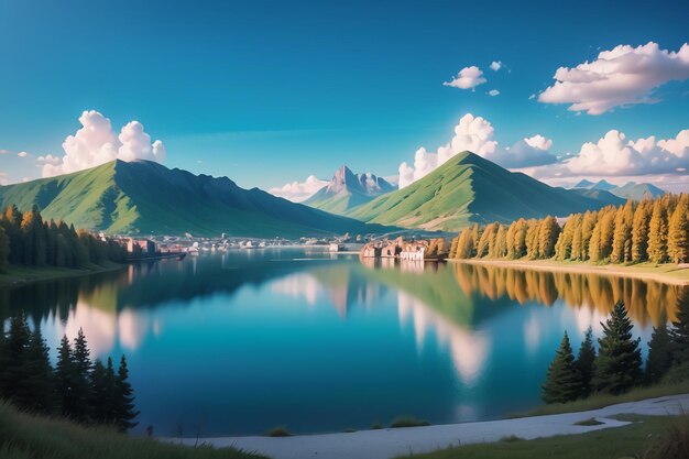 Un lago con una montagna e un cielo azzurro