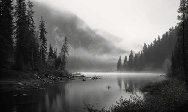 Un lago con una montagna sullo sfondo e un cielo nebbioso.