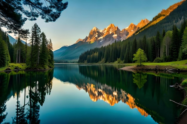 Un lago con una montagna sullo sfondo