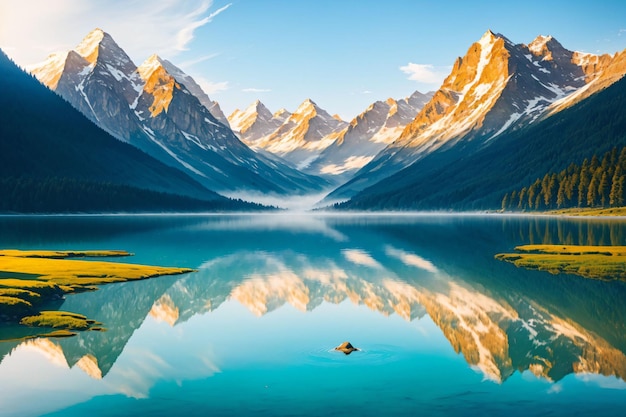 Un lago con una montagna sullo sfondo