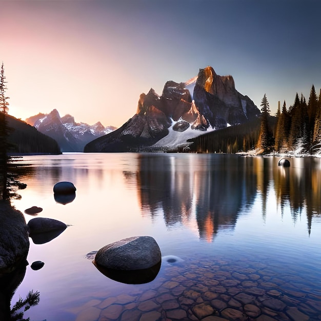 Un lago con una montagna sullo sfondo