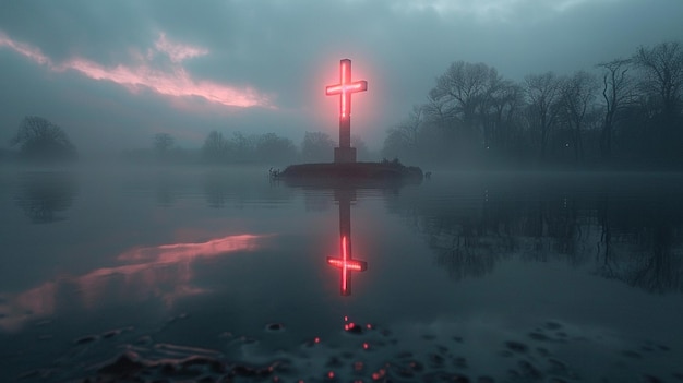 Un lago coperto di nebbia all'alba