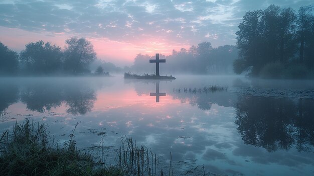 Un lago coperto di nebbia all'alba