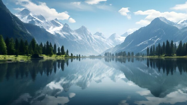 Un lago cristallino rispecchia le alte montagne