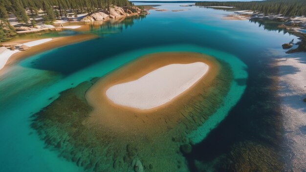 Un lago cristallino si estende davanti a te con le sue acque traslucide che rivelano una tavolozza