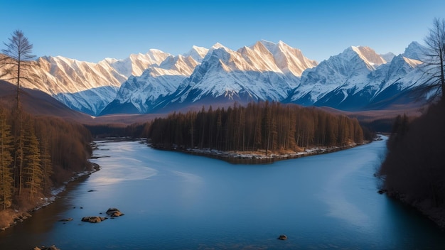 un lago di fronte a una montagna con montagne innevate sullo sfondo.