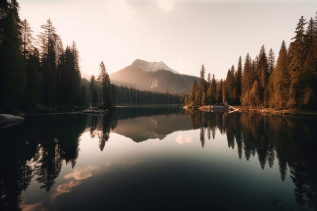 Un lago di montagna circondato da alberi e montagne ai