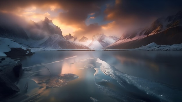 Un lago di montagna con cielo nuvoloso e nuvole