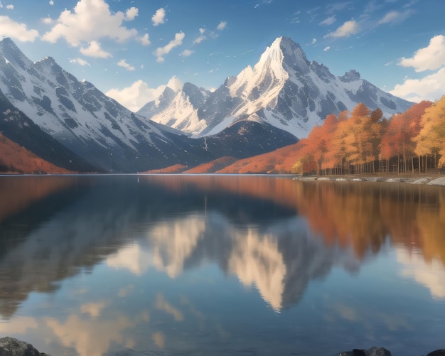 Un lago di montagna con il riflesso delle montagne sullo sfondo.