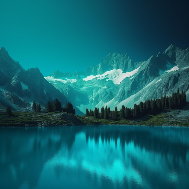 Un lago di montagna con la neve in cima e una montagna sullo sfondo.
