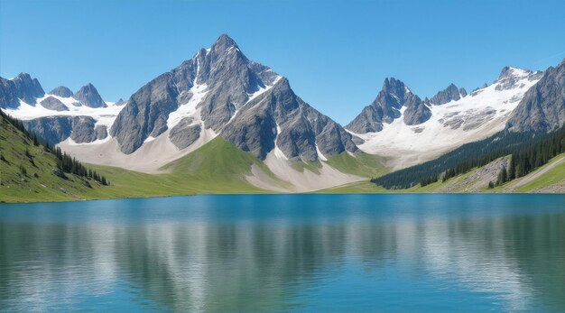 Un lago di montagna con le montagne sullo sfondo di Generative AI