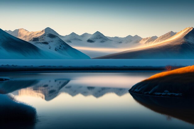 Un lago di montagna con montagne innevate sullo sfondo