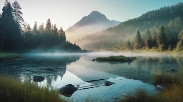 Un lago di montagna con nebbia e nebbia sullo sfondo