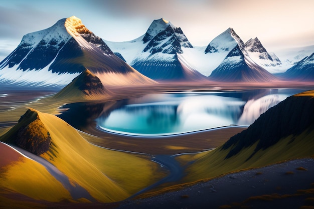 Un lago di montagna con neve e montagne sullo sfondo