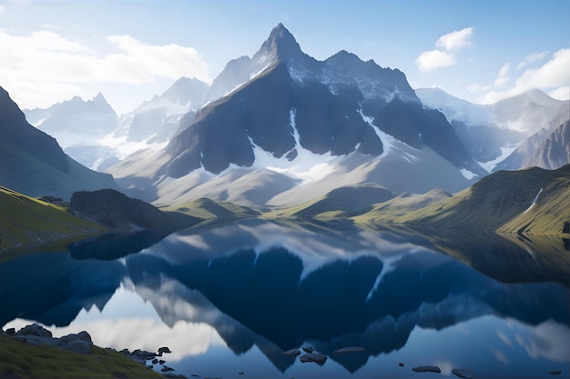 Un lago di montagna con un cielo blu e nuvole