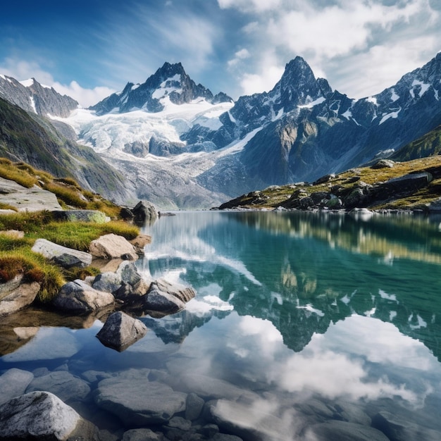 Un lago di montagna con un cielo blu e nuvole