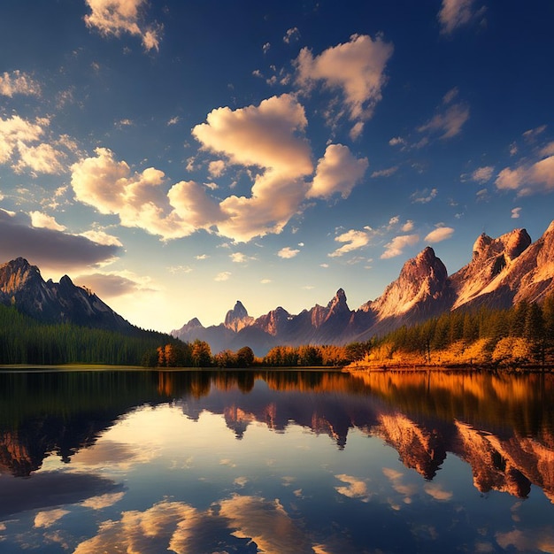 Un lago di montagna con un cielo blu e nuvole