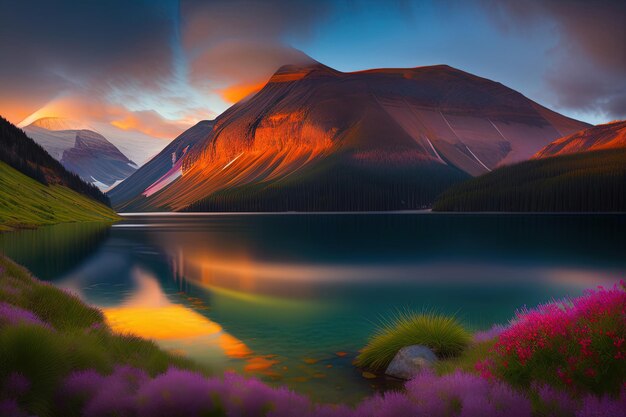 Un lago di montagna con un cielo colorato e nuvole