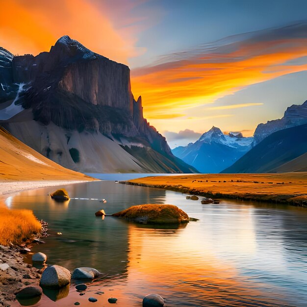 Un lago di montagna con un cielo colorato e un tramonto sullo sfondo.