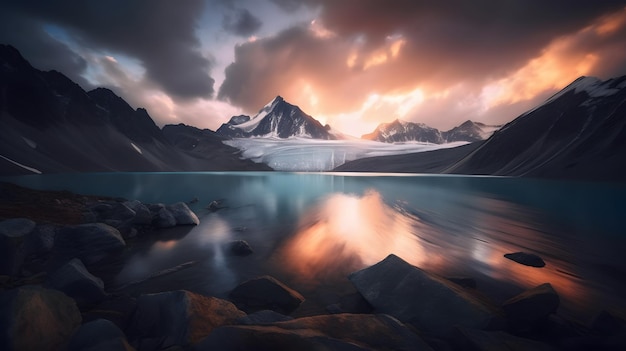 Un lago di montagna con un cielo nuvoloso e un cielo nuvoloso