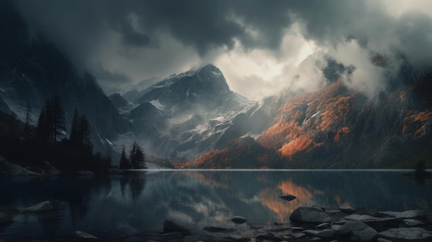 Un lago di montagna con un cielo nuvoloso e una montagna sullo sfondo