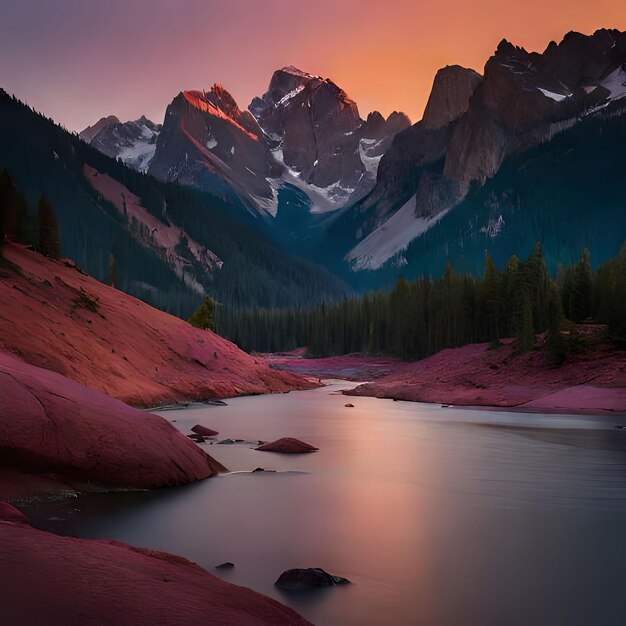 Un lago di montagna con un cielo rosa e il sole che tramonta alle sue spalle
