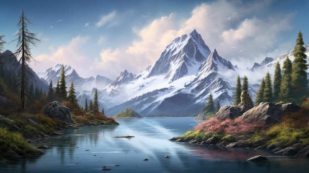 un lago di montagna con un fiume in primo piano e una montagna sullo sfondo.