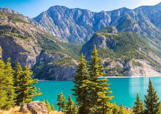 Un lago di montagna con un lago blu e montagne sullo sfondo