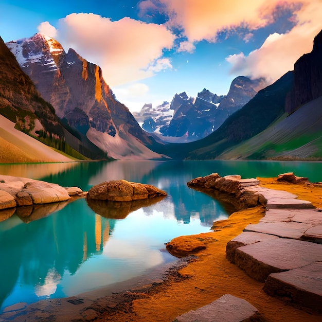 Un lago di montagna con un lago blu e montagne sullo sfondo.