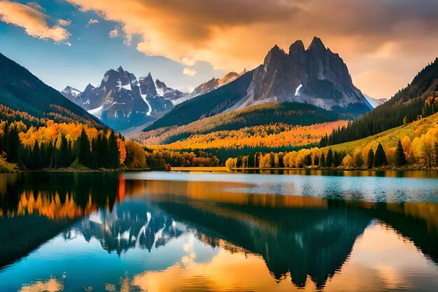 Un lago di montagna con un lago e montagne sullo sfondo