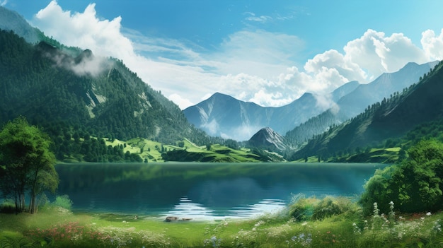 un lago di montagna con un lago in primo piano