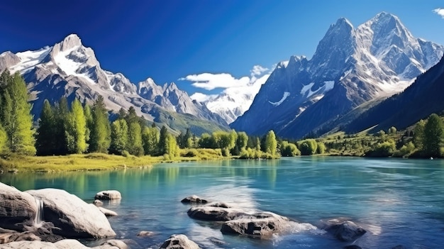 Un lago di montagna con un lago sullo sfondo