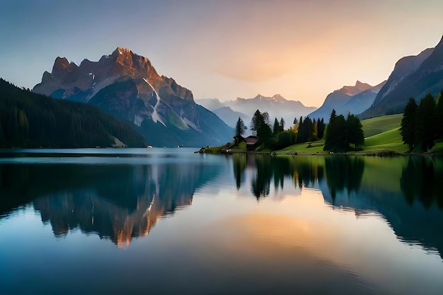 Un lago di montagna con un tramonto sullo sfondo