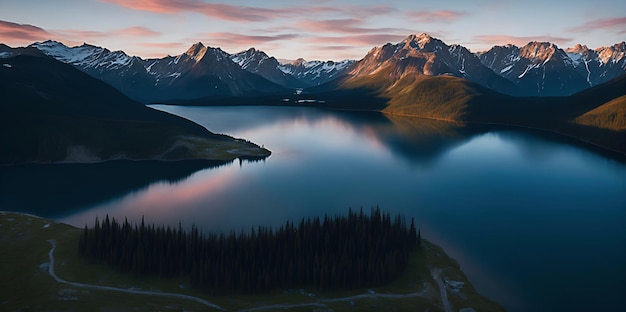 Un lago di montagna con un tramonto sullo sfondo