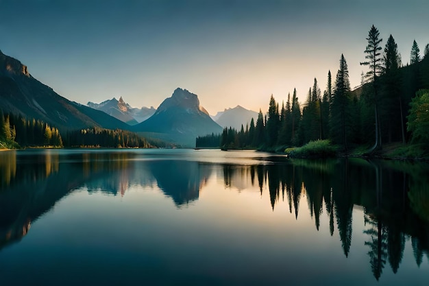 un lago di montagna con un tramonto sullo sfondo