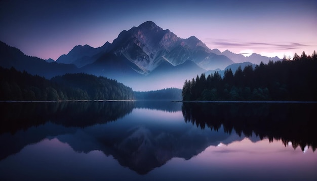 Un lago di montagna con un tramonto viola sullo sfondo