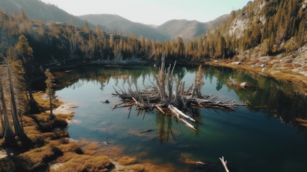 Un lago di montagna con un tronco d'albero nel mezzo