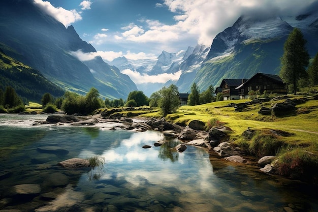 Un lago di montagna con una casa sul lato sinistro